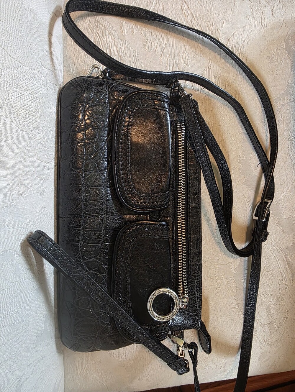 BRIGHTON Black Croc-Texture Leather Crossbody with Front Pockets